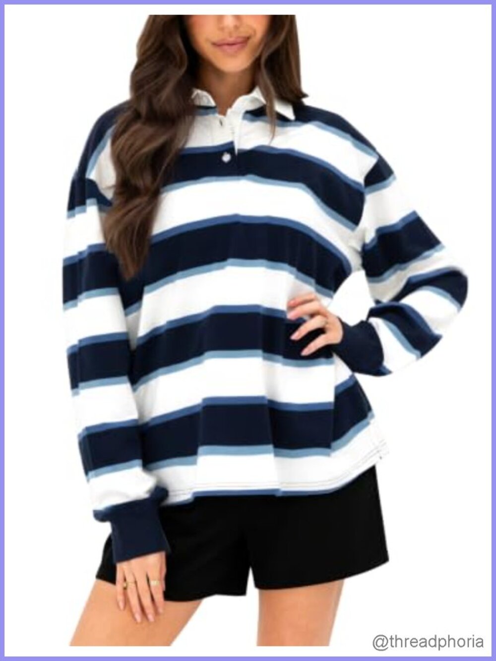 Oversized Striped Rugby Polo Shirt Long Sleeve Cotton Blend Women
